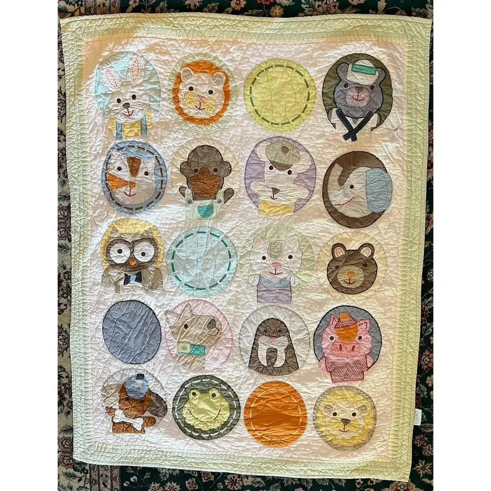 Whimsical Land of Nod Animal Crib Quilt Baby Blanket Play Mat Nursery Decor